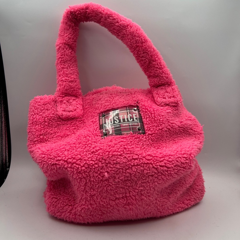 Justice Neon Pink Faux Fur Sherpa Tote Bag Plaid Logo Patch Tween Handbag